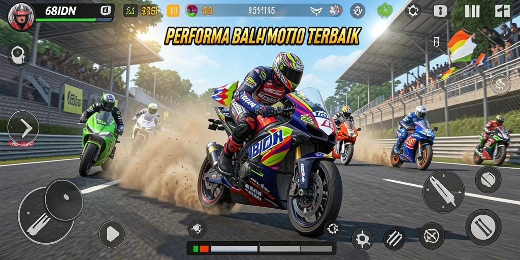 Screenshot gameplay menampilkan balapan motor yang mendebarkan.
