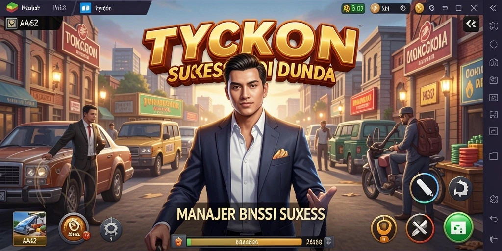 Tangkapan layar menunjukkan pemain mengelola bisnis dalam AA62 dengan gameplay yang dinamis.