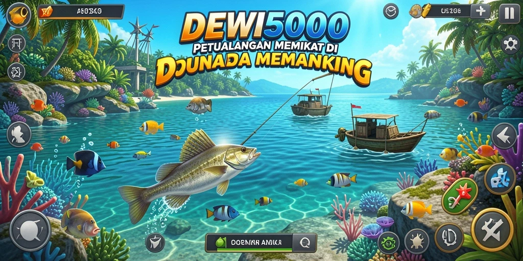Tampilan gameplay DEWI5000 dengan ikan menjulang di permukaan air.