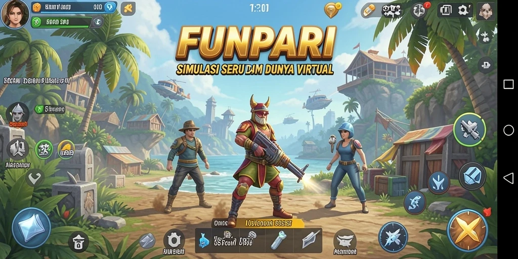 Tangkapan layar utama FUNPARI menampilkan momen seru dalam gameplay simulasi.