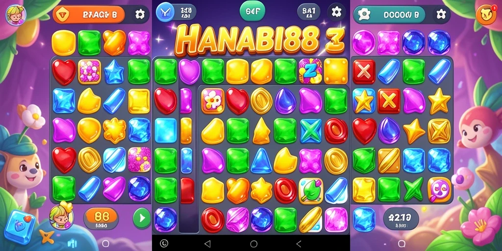 Tampilan gameplay HANABI88 yang penuh warna dan tantangan Match-3.