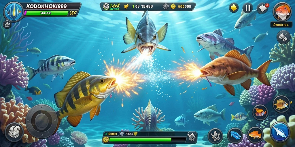 Gameplay seru dengan berbagai jenis ikan dan senjata.