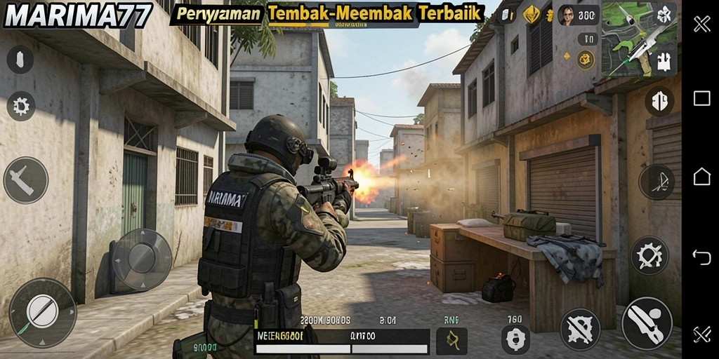 Screenshot menunjukkan aksi tembak-menembak mendebarkan di MARIMA77.