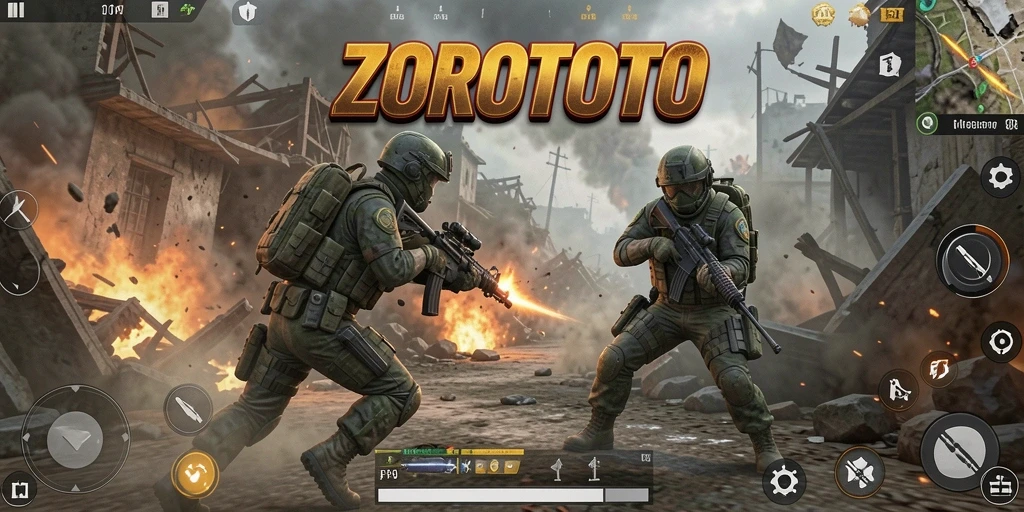 Tangkapan layar gameplay ZOROTOTO dengan aksi tembak-menembak intens.